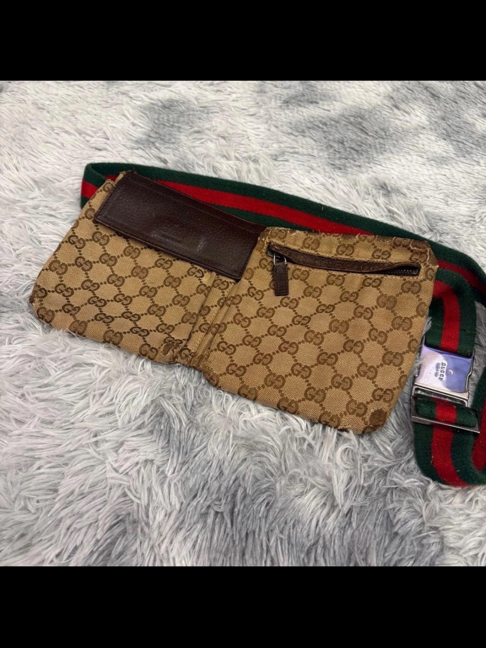 Gucci Tan GG Canvas Belt Bag with Brown Leather and Green-Red Web Strap